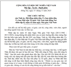 THƯ CHÚC MỪNG của Tỉnh ủy, Hội đồng nhân dân, Ủy ban nhân dân, Ủy ban Mặt trận Tổ quốc Việt Nam tỉnh Đồng Nai nhân dịp kỷ niệm 43 năm ngày Nhà giáo Việt Nam