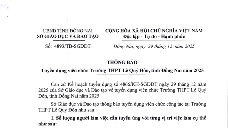 THÔNG BÁO : Tuyển dụng viên chức Trường THPT Lê Quý Đôn, tỉnh Đồng Nai năm 2025